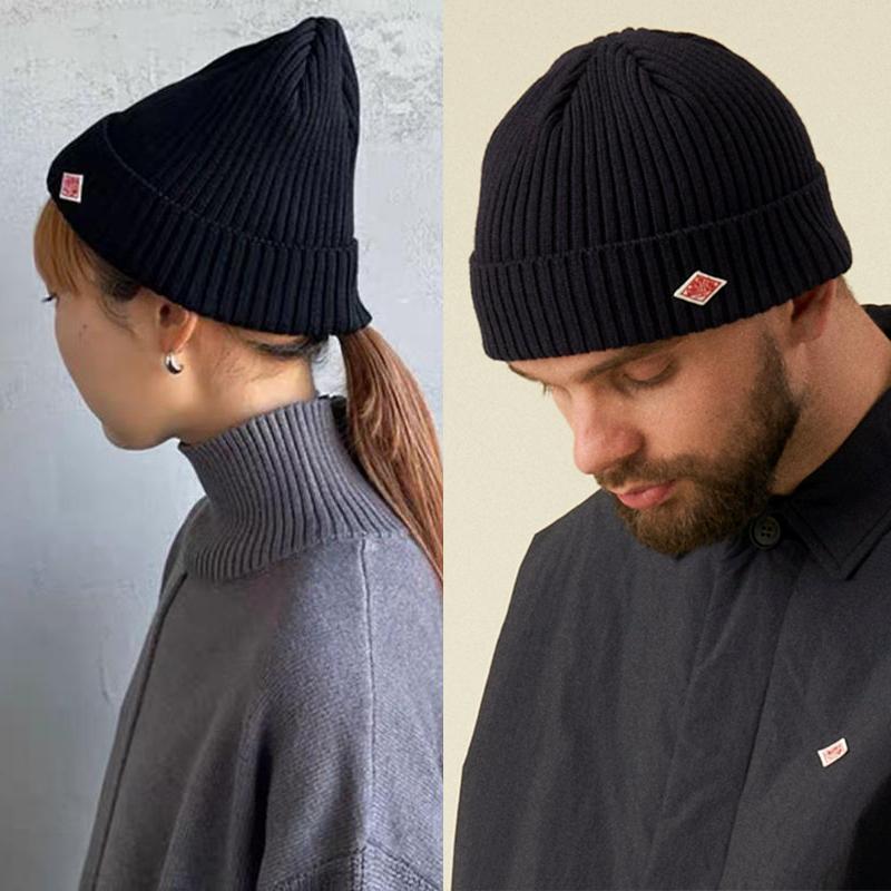 外贸日d日本dant*n刺绣菱形标羊毛混纺针织帽冷帽男女同款毛线帽