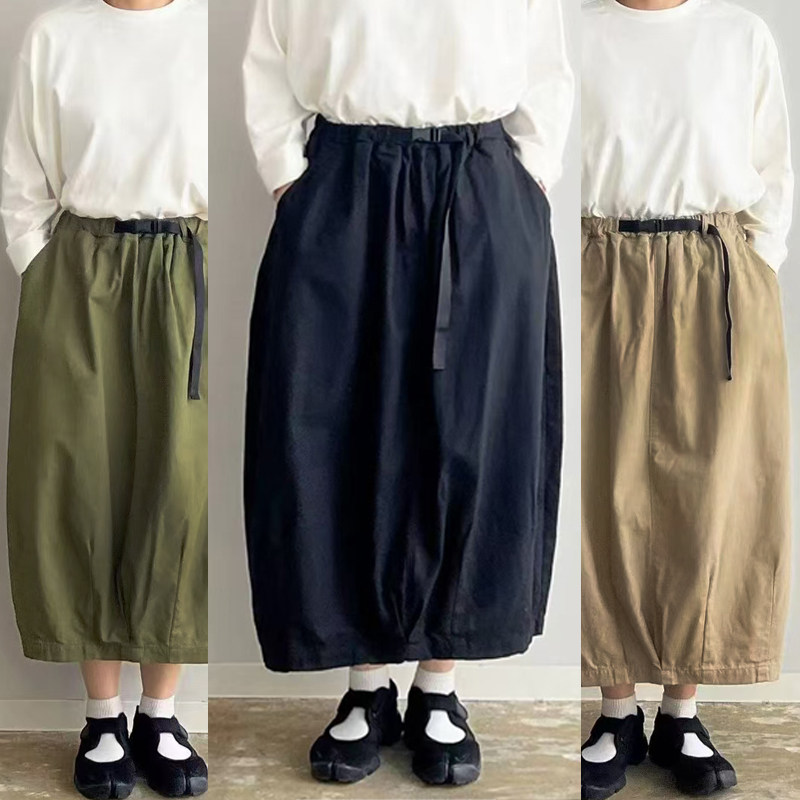 日本harve*ty工装气球裙 全棉纯色搭扣腰绳日系半身裙中长裙女装