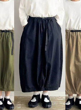 日本harve*ty工装气球裙 全棉纯色搭扣腰绳日系半身裙中长裙女装