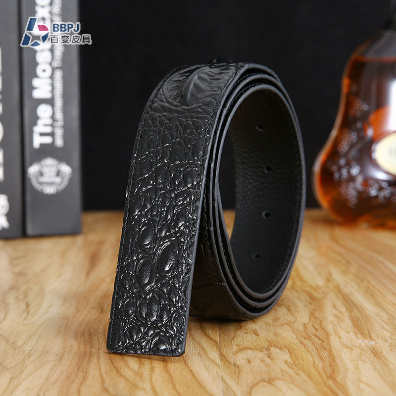 奢侈大牌替换皮带男不带头鳄鱼纹头层牛皮3.8CM裤腰带无扣头打孔
