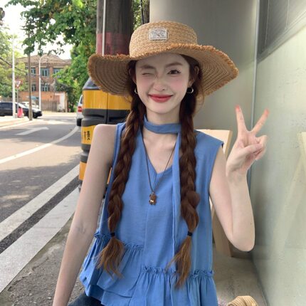 韩系V领背心女无袖夏季新款甜美不规则荷叶边显瘦减龄外穿上衣ins