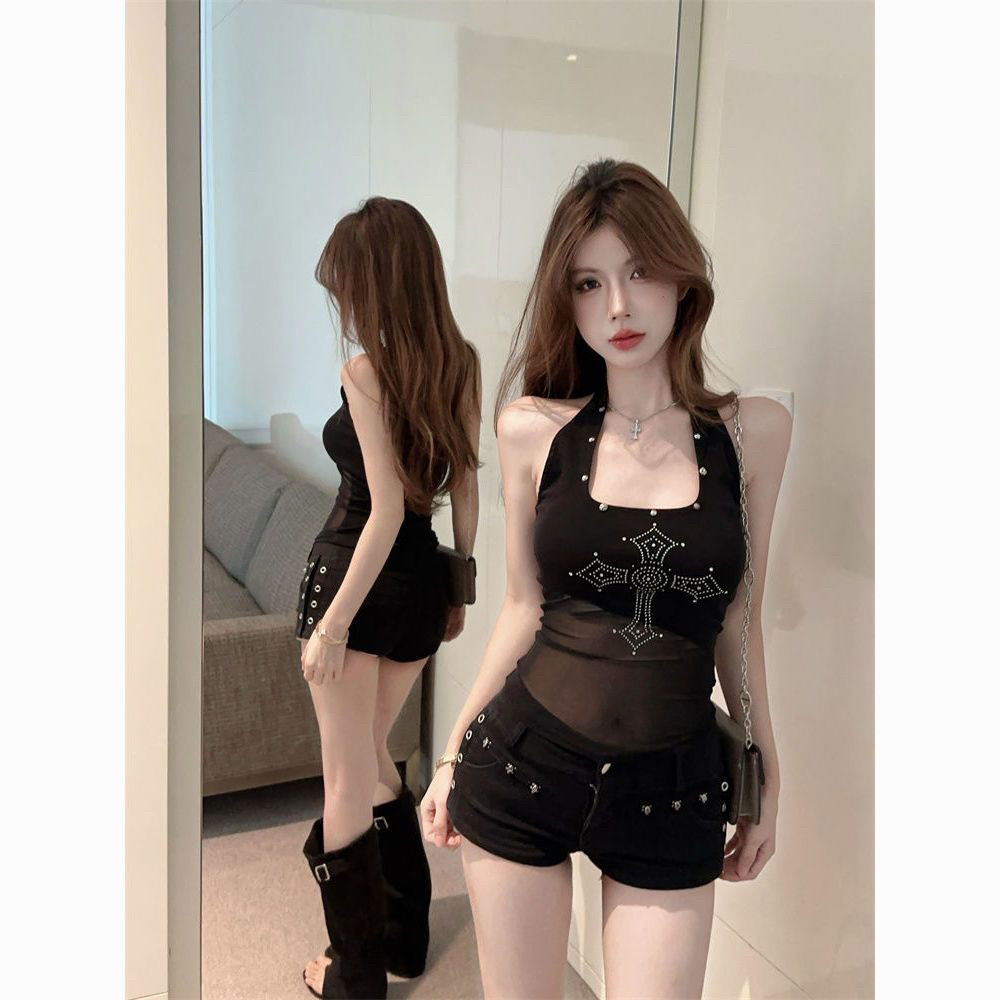 夏辣妹挂脖小吊带背心烫钻上衣女