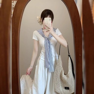 显瘦打底上衣女潮 2025新款 jk白色海军领短袖 T恤女夏季 正肩V领修身