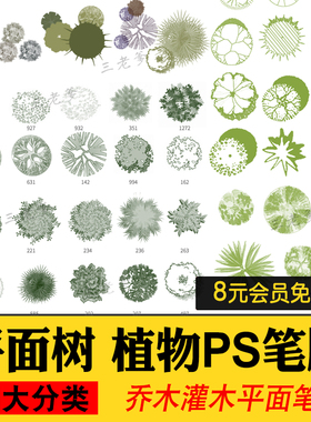 平面树植物ps笔刷小清新水彩树乔木灌木总平面图灰色彩平植物笔刷