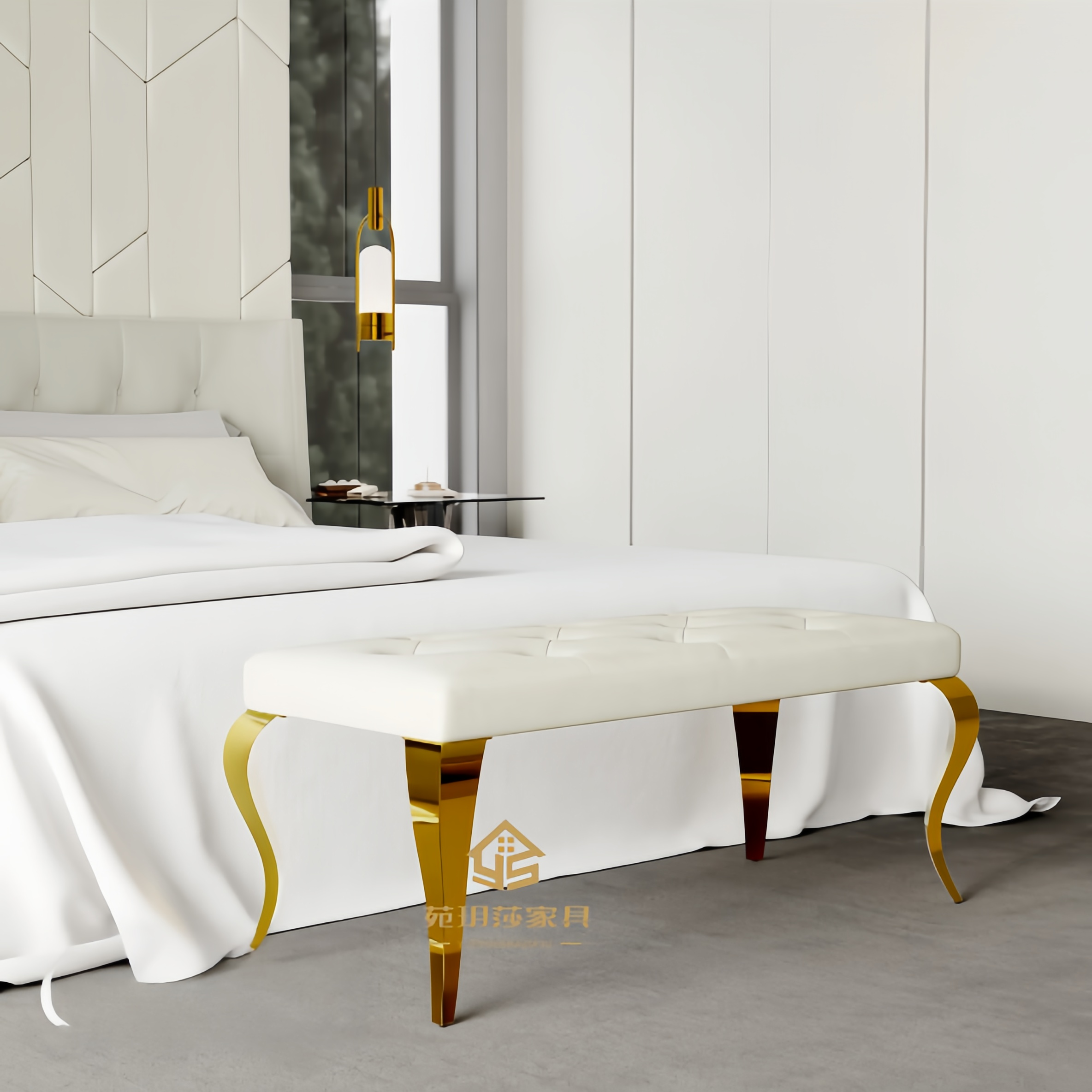 2026新款设计师别墅床尾换鞋布艺凳子轻奢高端不锈钢软包皮长条凳