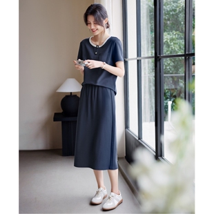 高冷范女装时尚休闲套装夏季宽松显瘦假两件短袖T恤半身裙两件套