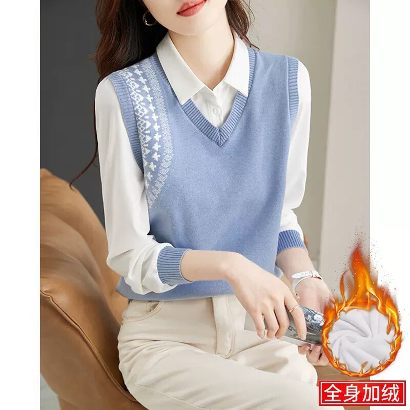 熙世的2024秋冬加绒衬衫式长袖翻领假两件针织衫上衣女设计感小众