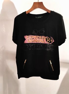 珊瑚花雅姿赏色短袖棉T恤夏女2024新款圆领休闲宽松卫衣黑色96046