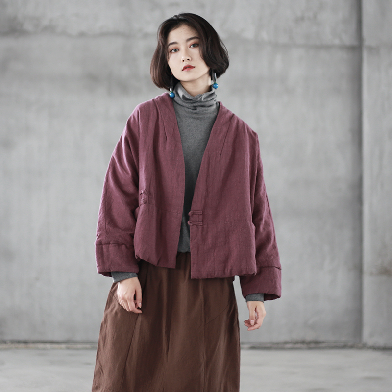 文艺复古风棉麻九分袖盘扣短外套