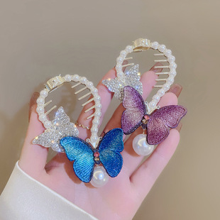 珍珠水钻蝴蝶发夹女后脑勺丸子头盘发神器气质马尾扣夹子头饰