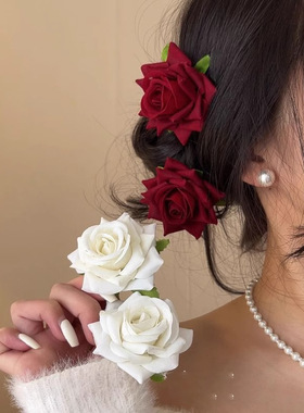 红色玫瑰花头饰发夹轻奢复古头花纯欲感森女拍照仿真花朵鸭嘴夹子