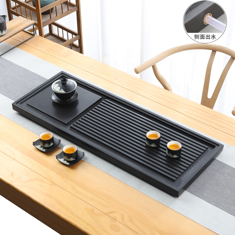 天然整块乌金石茶盘单盘石材一体石板简约家用侧边排水式现代茶台