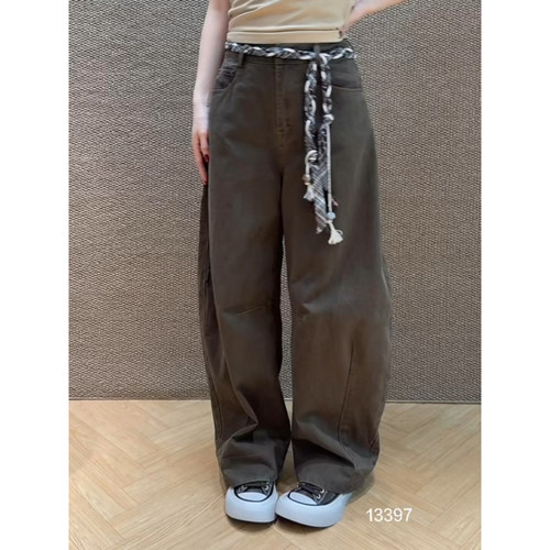 翻折格子纯棉水洗休闲牛仔裤