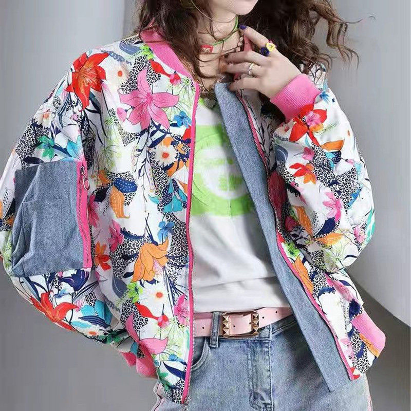 欧洲站新款时尚洋气印花防晒衣宽松长袖棒球服2023春秋欧货女外套