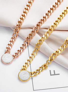 欧美圆牌人像钛钢项链粗链夸张时尚锁骨链百搭毛衣链女【86162】