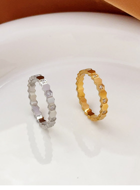菱形蜂巢闪钻金色钛钢戒指环女小众不掉色轻奢情侣对戒食指环新款
