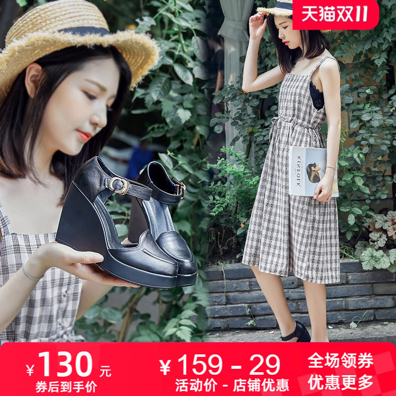 牛皮休闲舒适高跟防水台中空凉鞋