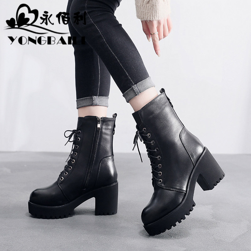 真皮马丁靴女高跟防水台2025秋冬新款百搭粗跟棉鞋加绒靴子女短靴