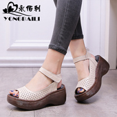 新款 厚底坡跟高跟牛皮镂空女鞋 皮鞋 2025夏季 鱼嘴松糕女士皮凉鞋 女