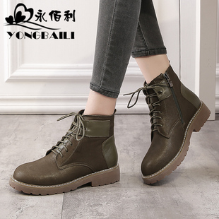 系带真皮马丁靴2026冬季新款时尚皮鞋圆头中跟休闲短靴女鞋[断码]