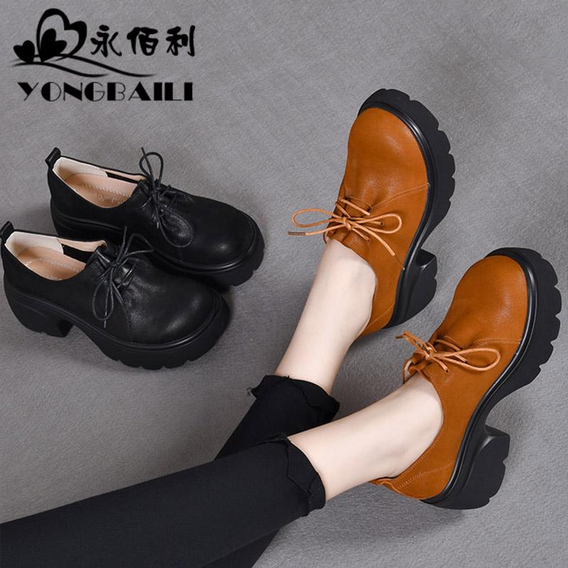 牛皮复古松糕跟高跟女鞋皮鞋