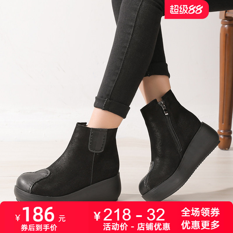 复古风加绒保暖皮鞋圆头时装靴