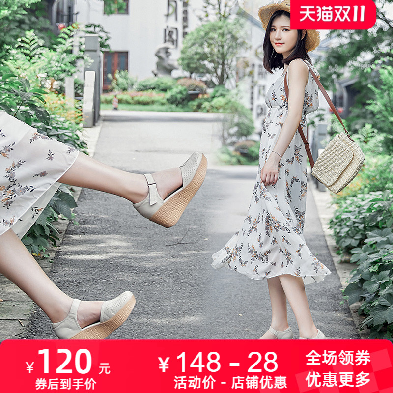 2025夏新款原创厚底镂空包头凉鞋女高跟圆头女士真皮休闲女鞋皮鞋