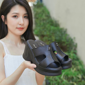 高跟牛皮拖鞋 女松糕鞋 厚底坡跟一字拖鱼嘴凉拖女鞋 2025夏新款 皮鞋