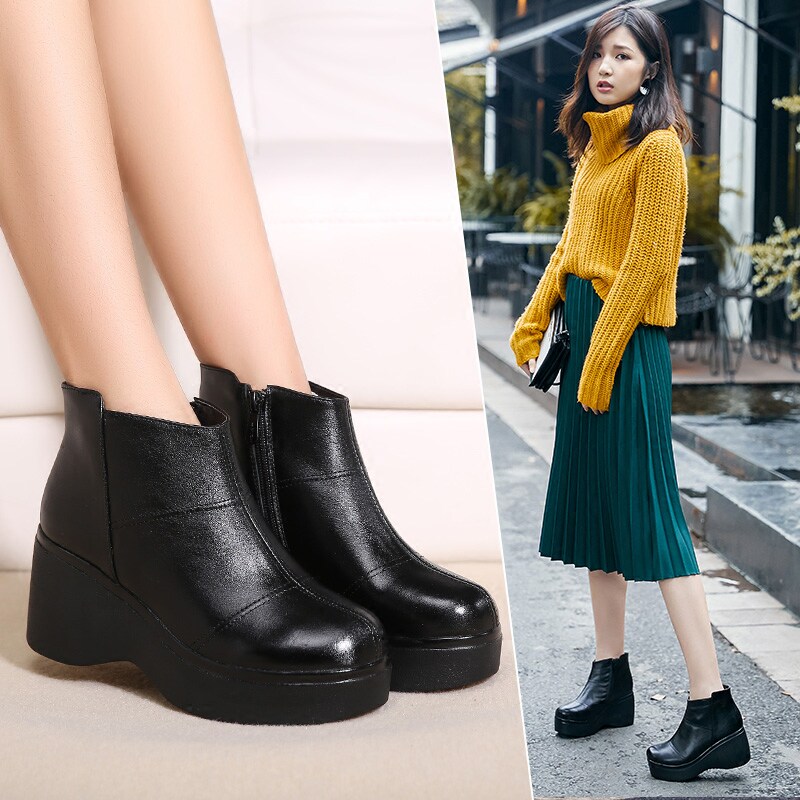 2026冬季新款时尚休闲真皮女短靴高跟厚底舒适女皮鞋加绒马丁靴子