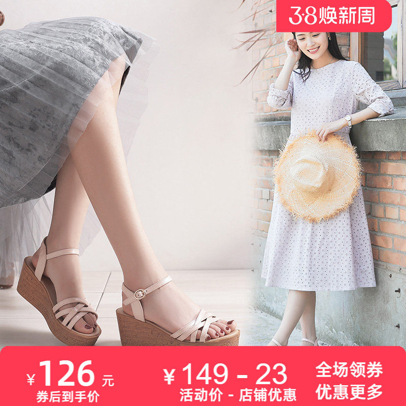 2025夏季新款时尚真皮皮鞋厚底坡跟高跟凉鞋女圆头罗马凉鞋女鞋