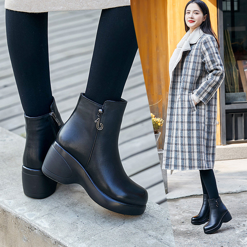 2026秋冬新款头层牛皮加绒保暖短靴棉靴圆头厚底高跟松糕女鞋皮靴