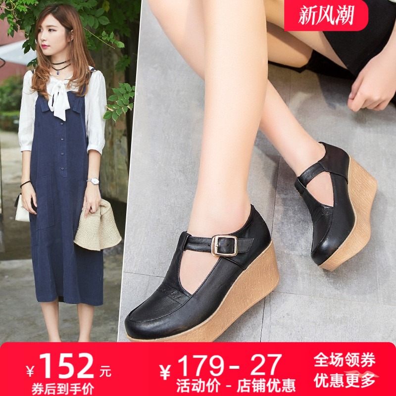 复古文艺高跟扣带休闲风女鞋