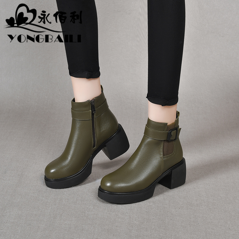 永佰利复古马丁靴粗高跟皮鞋