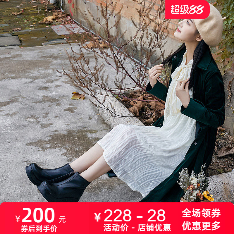 新款坡跟松糕底牛皮休闲圆头女靴