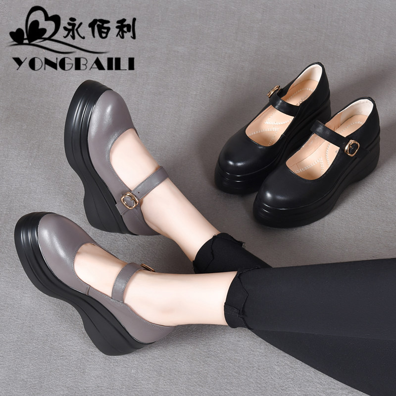 厚底增高高跟牛皮女鞋春秋新款原创复古休闲真皮单鞋浅口皮鞋