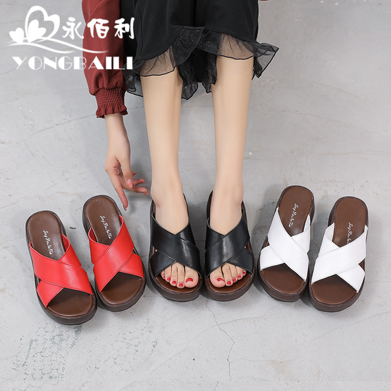 网红真皮时尚外穿百搭厚底凉拖鞋