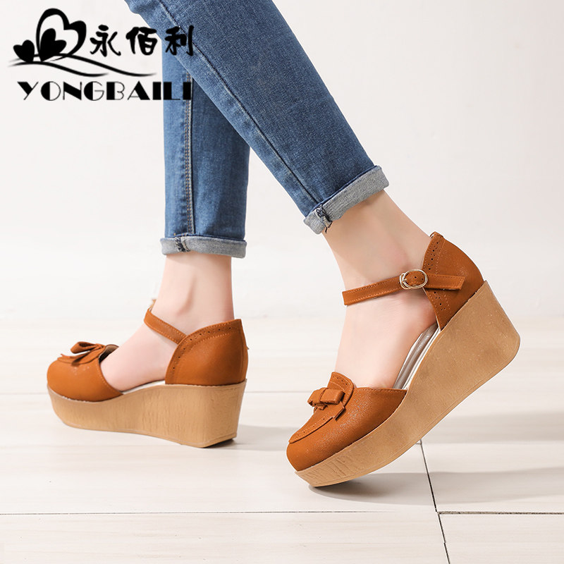 高跟真皮罗马凉鞋女2025夏新款坡跟包头中空圆头厚底休闲女鞋皮鞋