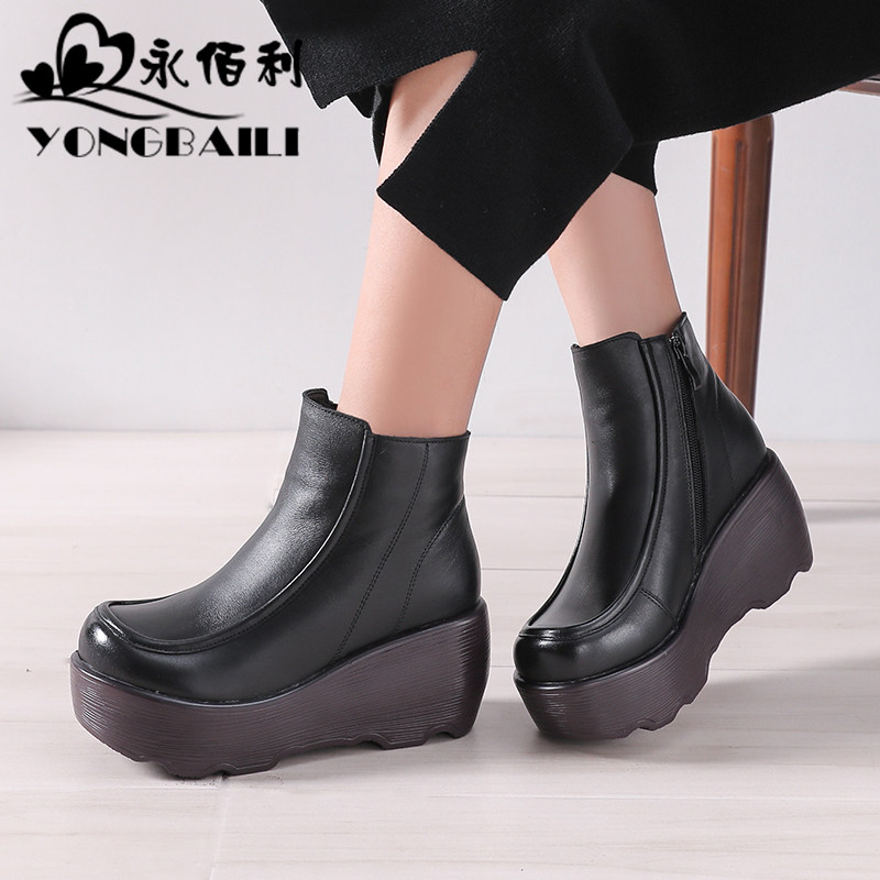 时尚真皮高跟马丁靴2025冬新款头层牛皮加绒短靴女鞋休闲厚底女鞋