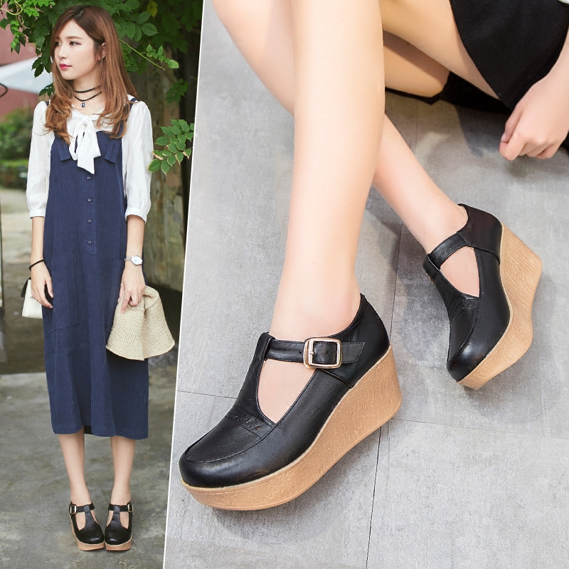 复古文艺高跟扣带休闲风女鞋