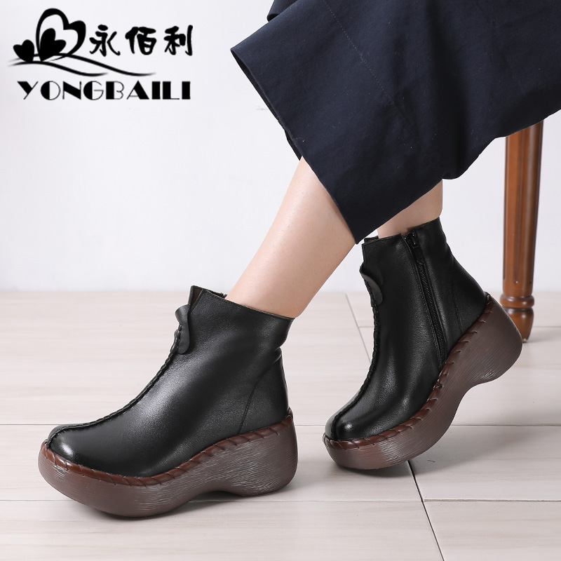 坡跟秋冬新款原创牛皮拉链休闲鞋