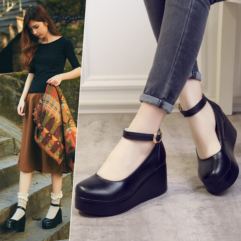 2026春秋新款手工休闲真皮时尚单鞋厚底坡跟圆头浅口高跟女鞋皮鞋