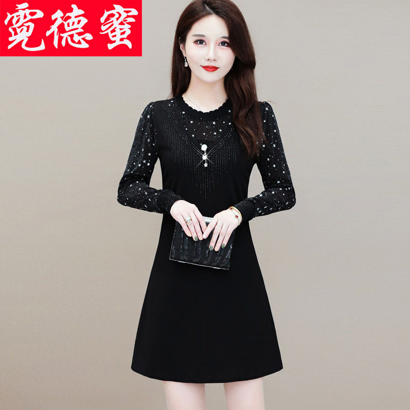 春秋冬时尚烫钻打底衫长袖女洋气女人味妈妈女中长款百搭蕾丝上衣