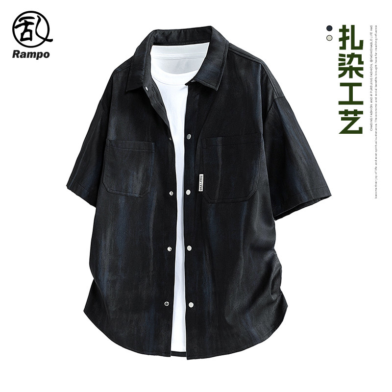 扎染工装短袖衬衫冰丝百搭五分袖图片
