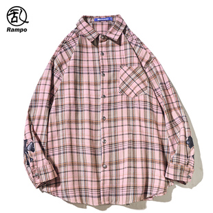 复古格子长袖衬衫男款日系韩版潮流休闲港风衬衣个性图案工装外套