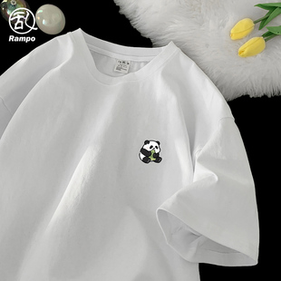 oversize体恤 卡通熊猫短袖 260G纯棉t恤男白色高中生圆领夏季 新款