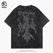 复古十字架宽松休闲半袖 270g重磅纯棉水洗做旧短袖 t恤男高街美式