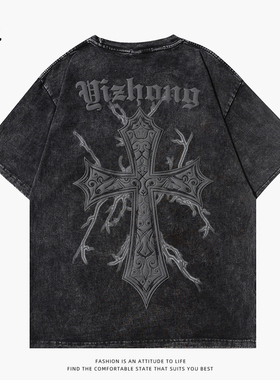 270g重磅纯棉水洗做旧短袖t恤男高街美式复古十字架宽松休闲半袖