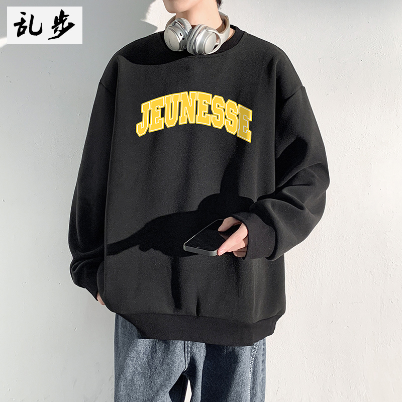 潮牌美式黑色圆领卫衣男装外套潮