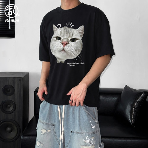 男士纯棉猫咪印花短袖T恤百搭