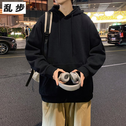 国潮纯色加绒连帽卫衣男女秋冬季美式重磅情侣长袖上衣带帽衫外套
